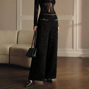 Black Elegant Women's Premium Tweed Sequins & Chain Trim details Wide Leg Pants